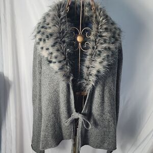 Quiet Luxury Vintage Y2k Faux Fur Snow Leopard Collar Wool Blend Open Tie Cardi